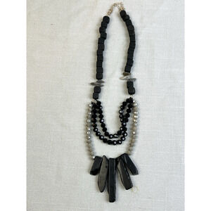 Beaded Statement Necklace Black Silver Multi-Layered Chunky Bold Boho Artsy